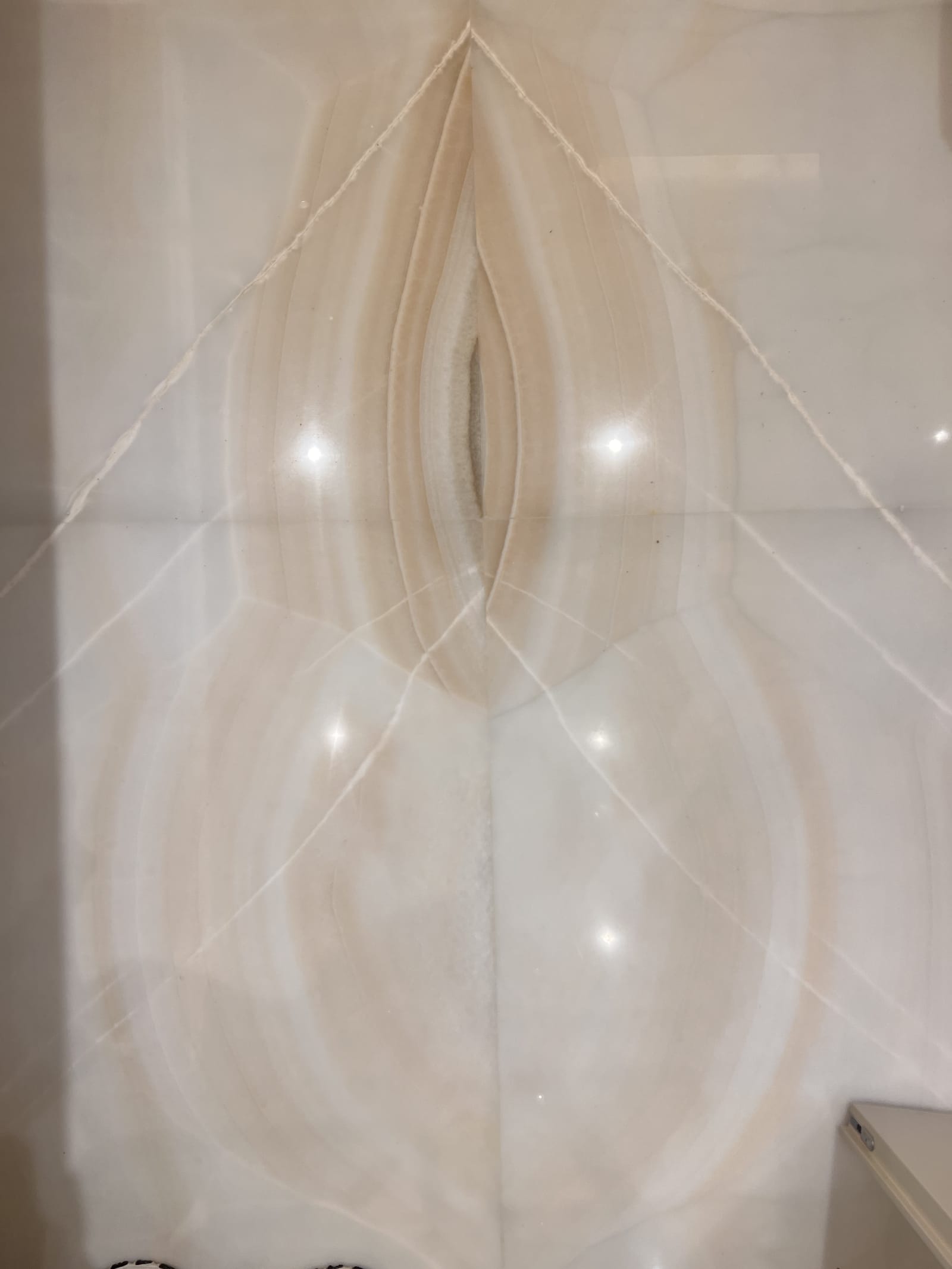 A.R. Evi ebeveyn banyosunda bookmatch uygulanmış White Honey Onyx mermer.
