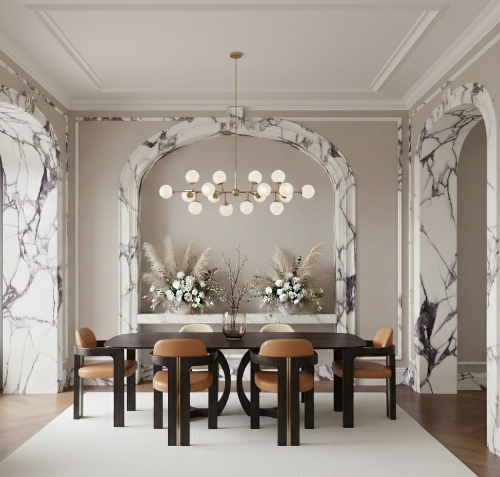 Y.L. Evi yemek odası; kemerler mor damarlı mermerle kaplı.